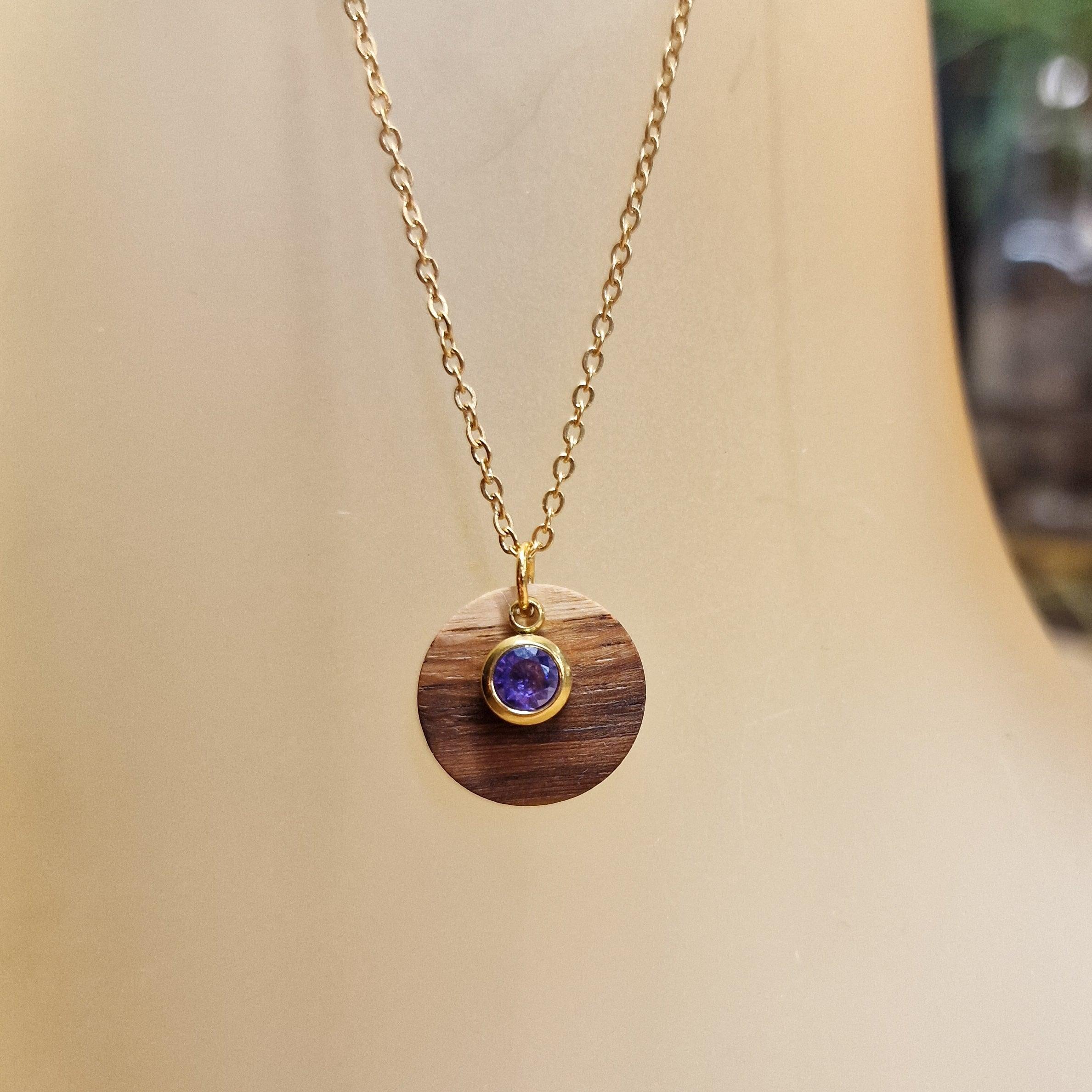 Halskette Geburtsstein „Februar“ | Zirkonia Amethyst - Holzschmuck Astwerk